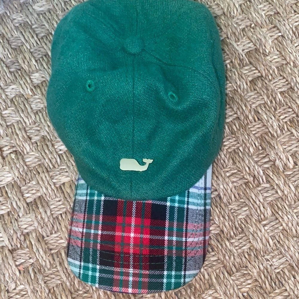 Vineyard vines green wool herringbone wool & plaid brim, gold whale, holiday fun